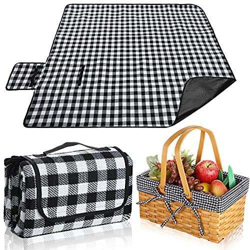 Patelai Wicker Picnic Basket Natural Hand Woven Basket with Double Folding Handles, Willow Hamper Baskets with Blanket for Outdoor Picnic Summer Spring Camp Family(Black and White Grid) - color: Black and White Grid
