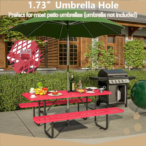 72'' Steel Rectangular Metal Picnic Table for Outdoors, Commercial Picnic Table with Umbrella Hole of Up to 1-1/2" Diameter, for Garden Courtyard BBQ, Red - color: Red