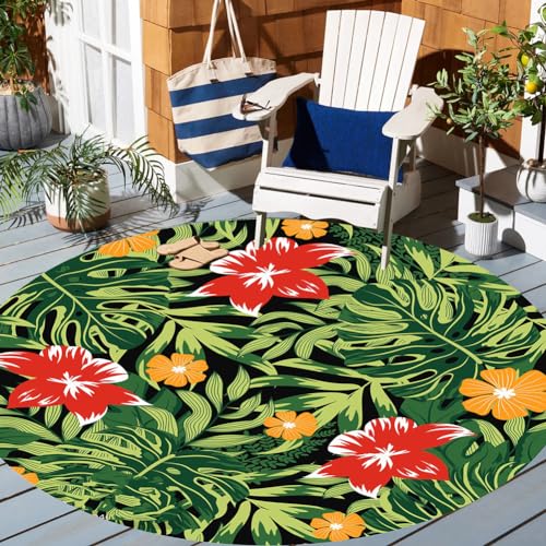 Green Red Floral Plants Montera Palm Tropical Rug for Patio Deck Balcony Porch Camping Waterproof Non Skid Outside Carpet 3' Hallway Yard Indoor Outdoor Area Rug - color: H, size: 3ft