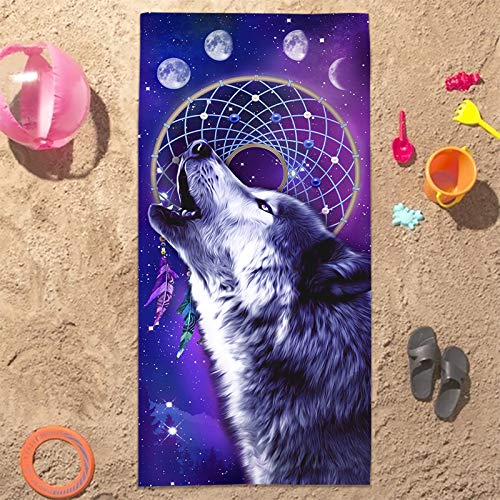 Bonsai Tree Wolf Beach Towel, Cool Dream Catcher Microfiber Bath Towel Gifts for Boys Kids, Funny Blue Purple Galaxy Space Animals Sand Free Quick Dry Travel Towels for Mens Pool Sports 30" x 60" - color: Wolf 1, size: 30"x60"