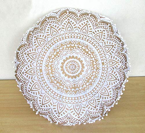 CRAFT KALA 32 Inch Meditation Floor Pillow Cover Round Pillow Seating Hippie Decorative Adults Bohemian Mandala Cushion Cover Outdoor Living Room Throw Ottoman Poufs Cover (White Gold Ombre) - color: White Gold Ombre