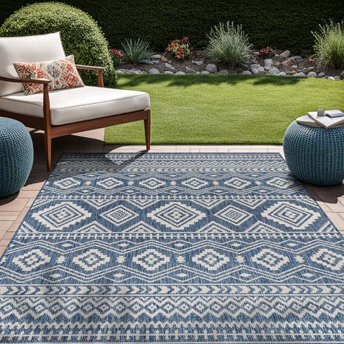 Beverly Rug Waikiki Boho Indoor Outdoor Rug 5x7, Washable Outside Carpet for Patio, Deck, Porch, Bohemian Area Rug, Farmhouse Rugs, Aztec Tribal Rug, Azure and White - color: Boho - Azure / White, size: 5' x 7' (Rectangular)