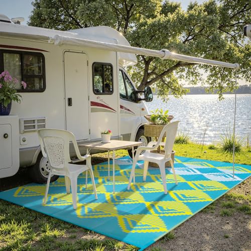 Lahome Waterproof Outdoor Patio Rug 9x12, Reversible Large Outdoor Area Rug for Patios, Camping Rugs for Beach RV Backyard Deck Picnic Trailer (Blue/Yellow, 9' x 12') - color: Blue/Yellow/Checkered, size: 9'x12'