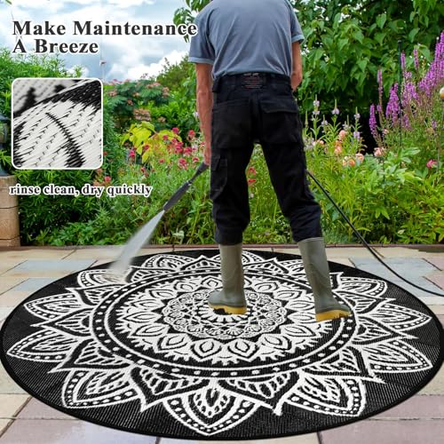 famibay Round Outdoor Rugs for Patios 8ft Boho Plastic Outdoor Rug Waterproof Reversible Circle Outside Rugs Lightweight Portable All Weather Outdoor Carpet for Patio Backyard Porch(Black and White) - color: Black/White, size: Round 8ft