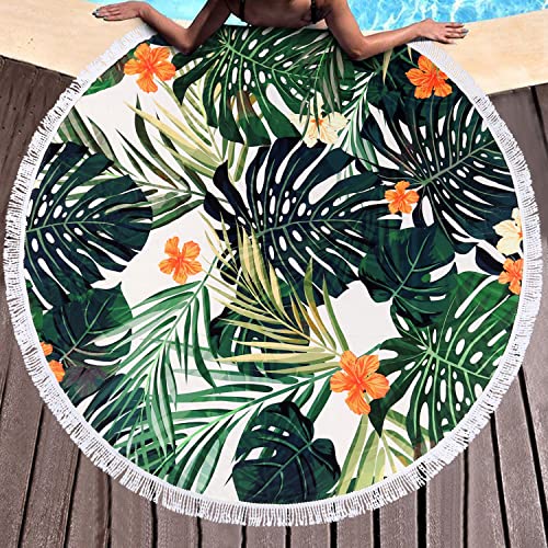 Benefeet Sox Beach Towel Large Round Mandala Pool Towels Tassels Microfiber Quick Dry Beach Blanket Throw Bohemian Roundie Swim Pool Circle Towel, 59 Inches - color: Tropical Palm Tree Leaf Flowers, Green