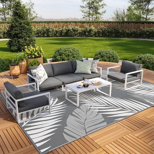 GENIMO Outdoor Rug 9' x 18' Waterproof for Patios Clearance, Reversible, Plastic Straw Camping Rug Carpet, Large Area Rugs Mats for RV, Picnic, Backyard, Deck, Balcony, Porch, Beach, Grey&White - color: Grey & White | Waterproof, size: 9' x 18' (Rectangul