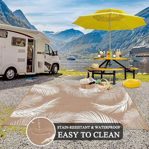 Pauwer Waterproof Outdoor Rug 6x9, Reversible Plastic Straw Patio Camping Rug, Indoor Outdoor RV Mat Carpet for Deck, Camper, Porch, Balcony, Backyard, Picnic, Leaf Brown - color: Leaf Brown, size: 6' x 9' (Rectangular)