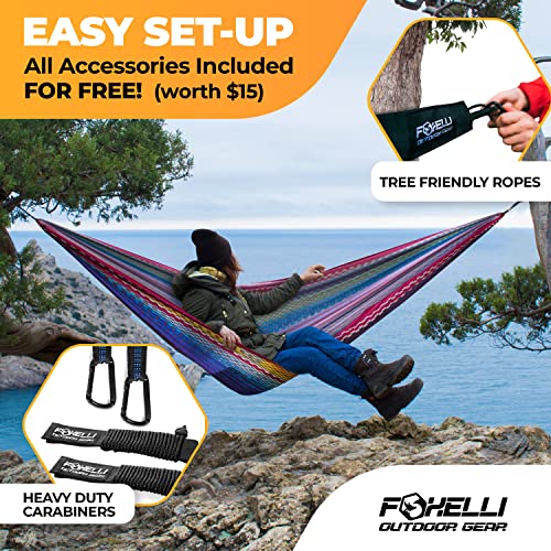 Foxelli Camping Hammock – Ultralight Hammock for Backpacking, Hiking, Festivals, Travel - Easy Setup with Tree-Friendly Ropes & Steel Carabiners, Heavy Duty Parachute Nylon - color: Indian_summer