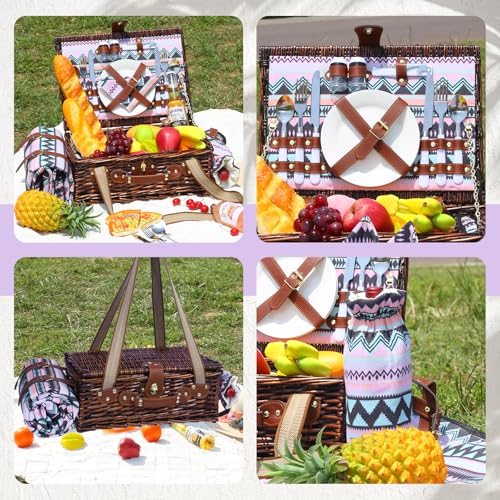 Neti Neti Wicker Picnic Basket for 2 Boho with Insulated Cooler & Waterproof Blanket – Large Willow Picnic Hamper for Outdoor, Camping, Beach, Romantic Dates, Valentine’s Day - color: Boho 1