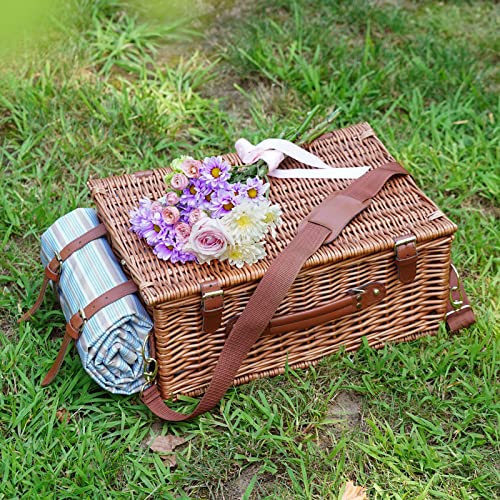 Picnic Cooler Basket Set for 2 Persons with Large Waterproof Picnic Blanket, Cutlery Service Kit and Adjustable Strap - color: Honey Color for 2 Persons With Strap