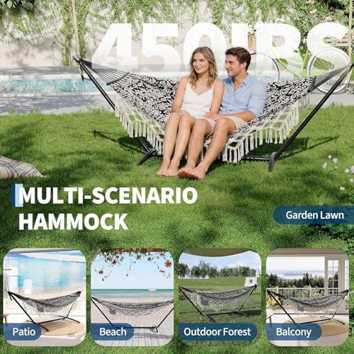 Portable Double Hammock with Stand, 450 lb Capacity Heavy Duty 2-Person Hammock Bed with Decorative Lace, Large Comfortable Outdoor Hammock for Patio, Backyard, Poolside, Easy Tool-Free Assembly