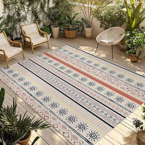 Outdoor Rug 4x6ft, Boho Stripe Retro Ethnic Style Indoor Area Rug for Patio Floor Mat, Indian Sketch Sun Art Abstract Line Non-Slip Outside Carpet Balcony Porch Camping Rugs Picnic Mat - size: 4' x 6' (Rectangular)