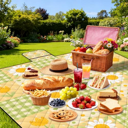 Extra Large Picnic Blanket Waterproof,80"x 80"Foldable Machine Washable Beach Blanket,Outdoor Blanket for 6-8 Adults,Suitable for Indoor Crawling,Park Beach,Camping,Hiking,Family Travel(Sunflower) - color: Yellow Sunflower, size: 6'8" x 6'8" (Square)