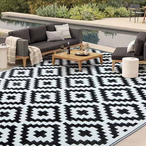 HERMOCE Waterproof Outdoor Rug 5x8 ft, Plastic Straw Patio Rugs Reversible, Patio Decor for Deck, Backyard, RV, Camping - Easy Clean Fade Resistant, Black & White - color: Black&white-s