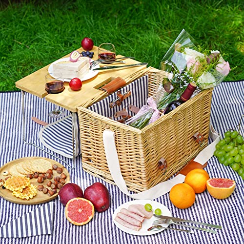 Wicker Picnic Basket for 2 with Detachable Table, Elasticated Wine Holder, Shoulder Carrying Willow Picnic Hamper Set with Premium Tableware & Blanket for Outdoor, Wedding, Anniversary, Birthday Gift - size: M for 2P-Traditional