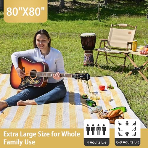 HX&OD Outdoor Picnic Blanket Extra Large, 80''*80'' Waterproof Picnic Mat with Stakes Foldable Camping Blanket Portable with Carry Strap for Beach Mat (Yellow& White, 80''*80'') - color: Yellow& White, size: 6'8" x 6'8" (Square)