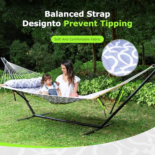 ANAGOO Double Hammock with Stand, Heavy Duty Outdoor Hammock for Two, 500 LBS Capacity, Stable Steel Frame with Balance Strap, Easy Tool-Free Assembly for Patio, Garden, Backyard & Beach,White Grey - color: White Grey(with Stand)