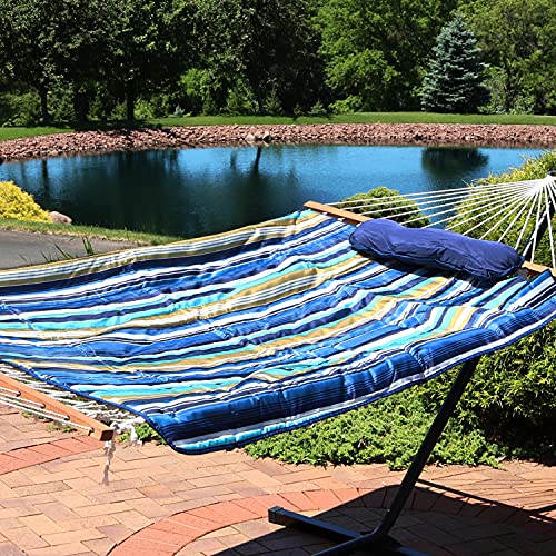 Sunnydaze Rope Hammock with Stand for Outside - Heavy Duty Freestanding Portable Outdoor Hammock Set with Quilted Pad, Pillow, and 12-Foot Steel Frame - 275 lb Capacity - Lakeview - color: Lakeview