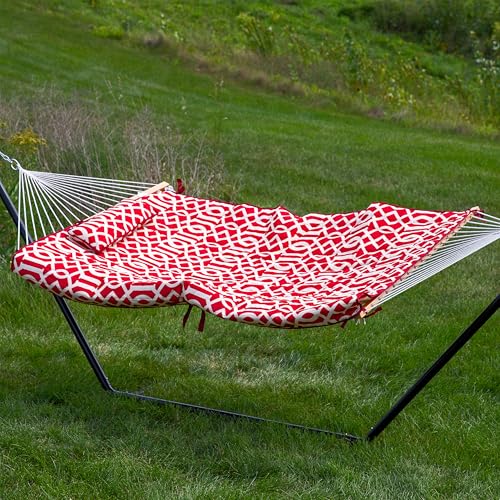 Sunnydaze Rope Hammock with Stand for Outside - Heavy Duty Freestanding Portable Outdoor Hammock Set with Quilted Pad, Pillow, and 12-Foot Steel Frame - 275 lb Capacity - Royal Red - color: Royal Red
