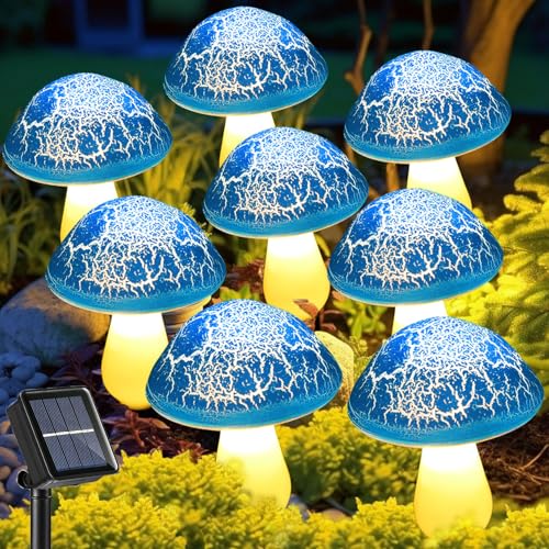 Solar Mushroom Lights Garden Decor 8 Blue Crack Mushrooms Outdoor Decor Stake Lights, Waterproof Solar Pathway Light Gardening Gifts for Landscape Easter Gnomes Yard Halloween Christmas Decorations - color: Blue