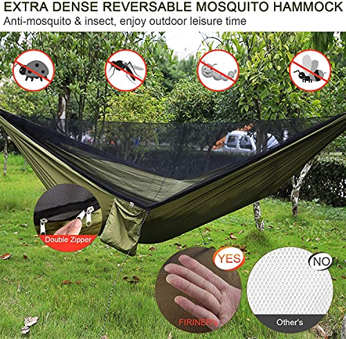 Camping Hammock with Rain Fly Tarp and Mosquito Net Tent Tree Straps, Portable Single Double Nylon Parachute Hammock Rainfly Set for Backpacking Hiking Travel Yard Outdoor Activities Green - color: Green