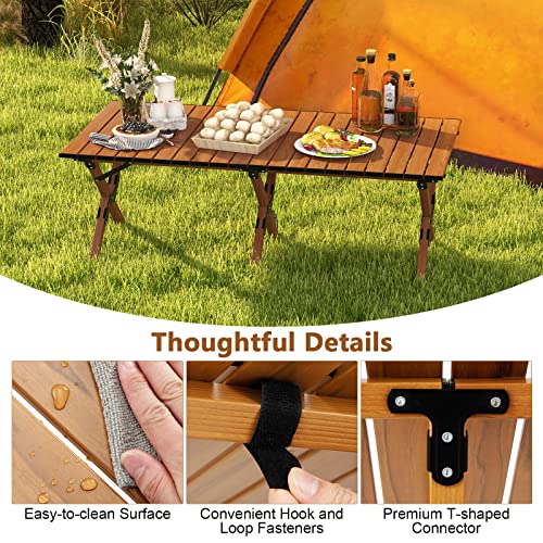 COSTWAY Folding Picnic Table, Roll-Up Aluminum Camping Table with Wood Grain, Portable Low Height Beach Table with Carry Bag for Camping, Picnic, BBQ & Hiking, Easy Assembly, Natural (47” x 23” x 18”)