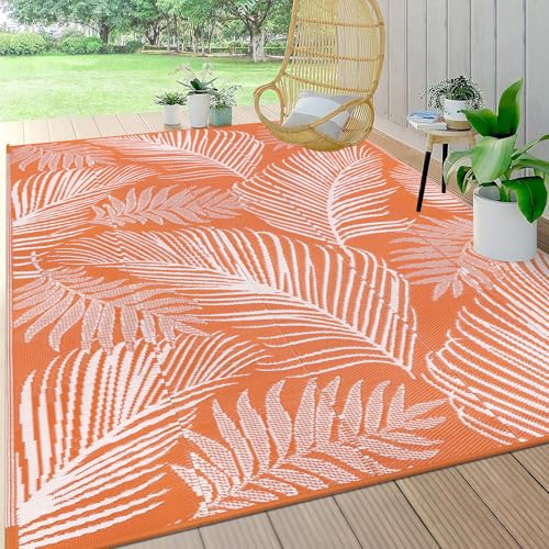 Pauwer Waterproof Outdoor Rug 6x9, Reversible Plastic Straw Patio Camping Rug, Indoor Outdoor RV Mat Carpet for Deck, Camper, Porch, Balcony, Backyard, Picnic, Leaf Orange - color: Leaf Orange, size: 6' x 9' (Rectangular)