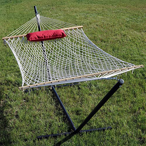 Sunnydaze Rope Hammock with Stand for Outside - Heavy Duty Freestanding Portable Outdoor Hammock Set with Quilted Pad, Pillow, and 12-Foot Steel Frame - 275 lb Capacity - Modern Lines - color: Modern Lines
