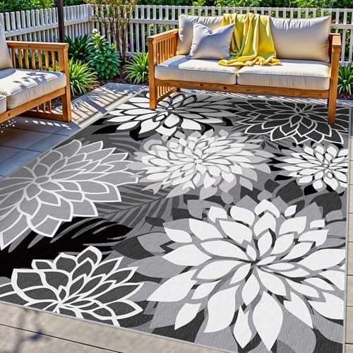 6x9 Outdoor Area Rug Washable Multicolored Patio Rug Tropical Botanical Floral Chenille Waterproof Outdoor Carpet Non-Slip for Patio, Deck, Backyard, Porch, Black - color: Black White, size: 6' x 9' (Rectangular)