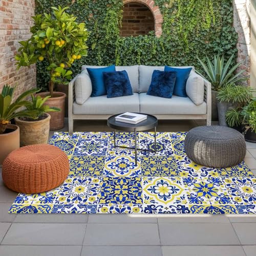 Middle Century Outdoor Rug 5' x 8', Vintage Farmhouse Bohemia Style Blue Washable Area Rug for Outdoor Indoor, Non Slip Outside Large Rugs Carpet for RV Patio Backyard Picnic Camping Porch Deck - color: Blue, size: 5' x 8' (Rectangular)