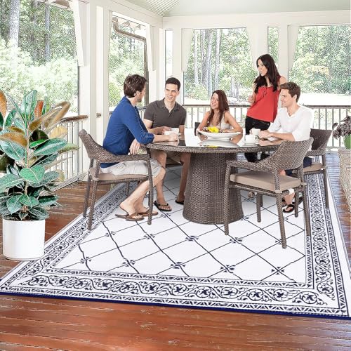 Outdoor Rug 10'x14' for Patios Waterproof Patio Rugs Outdoor Mats for Front Porch,Beach Mat,Reversible Plastic Straw Camping Rugs for Outside RV,Deck,Balcony,Backyard Navy Blue - color: Classic Blue, size: 10' x 14' (Rectangular)