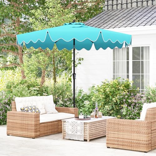 Tangkula 9Ft Patio Umbrella with Crank, 2-Tier Outdoor Umbrella with Push Button Tilt, Sun-Protective Canopy, 8 Ribs, Scalloped Patio Umbrella for Outdoor Beach Deck Pool Table (Turquoise) - color: Turquoise, size: 9Ft