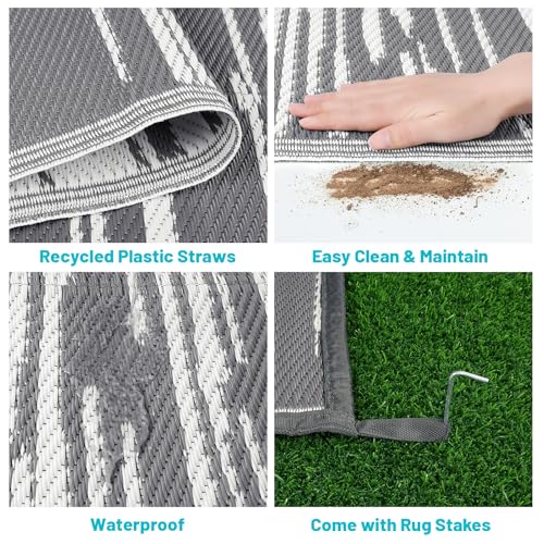 HEBE Outdoor Rug 8'x10' for Patios Clearance, Waterproof Reversible Plastic Straw Rug Camping Mat, Indoor Outdoor Area Rugs Carpet for Deck, Porch, RV, Picnic, Balcony - color: Stripe/Grey, size: 8' x 10' (Rectangular)