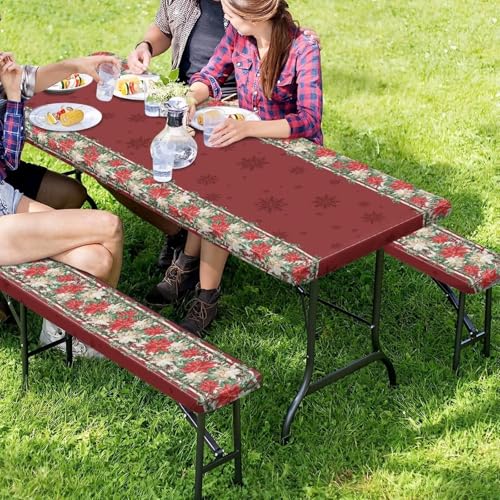 Christmas Red Flowers Outdoor Picnic Table Cover Decorations 3 PCS Set Fitted for Camping - color: Christmas Red Flowers1, size: Small