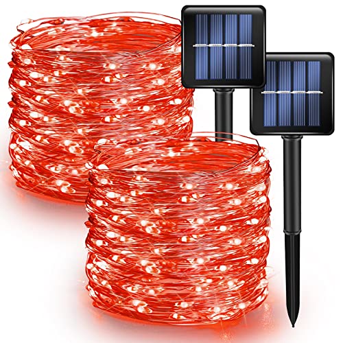 Dazzle Bright 2 Pack Solar String Lights Outdoor, Total 80FT 240LED Solar Powered Waterproof Fairy Lights 8 Modes, Copper Wire Lights for Christmas Patio Party Tree Yard Decoration (Red) - color: Red, size: 2 Pack