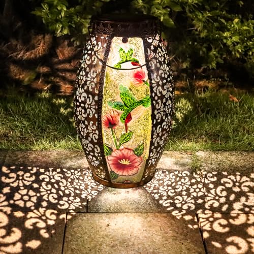 Larekook Hummingbird Solar Lantern Outdoor Waterproof,13" Large Metal Hanging Lantern Decorative,Hummingbird Solar Lights for Yard Lawn Porch Patio Garden Decor,Birthday Gifts for Women Mom - style: 2 Hummingbird