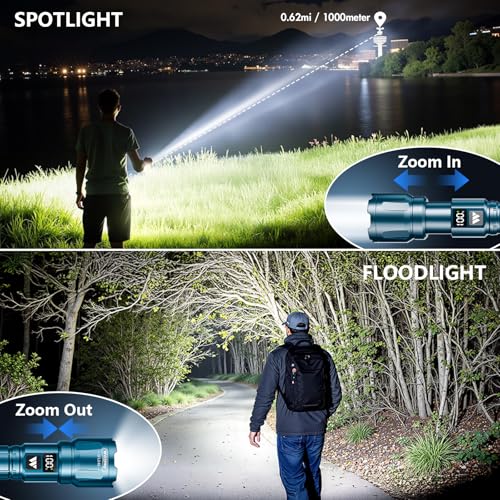 WdtPro LED Rechargeable Flashlight 2 Pack, 3 Modes Super Bright High Lumens Flashlights, Zoomable Tactical Flash Light with LCD Display, IP65 Waterproof Flashlights for Home Emergency Camping - Blue - color: Blue