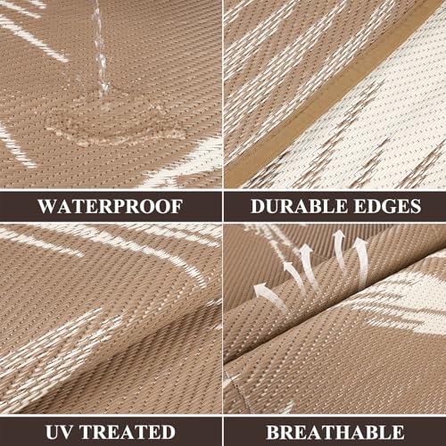 Pauwer Waterproof Outdoor Rug 5x8, Reversible Plastic Straw Patio Camping Rug, Indoor Outdoor RV Mat Carpet for Deck, Camper, Porch, Balcony, Backyard, Picnic, Leaf Brown - color: Leaf Brown, size: 5' x 8' (Rectangular)