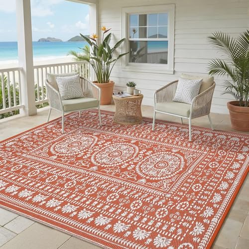 Garvee Reversible Outdoor Rug 5x8 for Patio, Waterproof Outdoor Area Rug, Boho Medallion Indoor Outdoor Carpet for Porch, Plastic Straw Rug for RV, Camping, Deck, Vintage Terracotta - color: Terracotta & White, size: 5' x 8' (Rectangular)