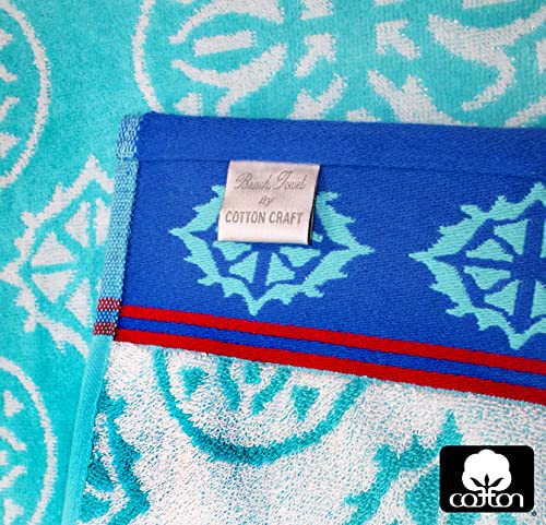 COTTON CRAFT Oversized XL Beach Towel 39 x 68-2 Pack - 100% Cotton Velour - Big & Huge - Pool Picnic Bath Towels - Jacquard Terry Thick Plush Super Soft Luxury - 450 GSM - Summer Trellis Pool Blue - color: Summer Trellis Pool Blue, size: 2 Pack - 39x68