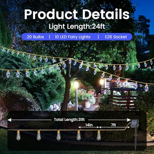 Upgraded Solar String Lights Outdoor, 24FT Solar Patio Lights, String Lights for Outside, 20 Shatterproof LED Bulbs [Waterproof & 8 Modes] for Garden Yard Fence Balcony Camping Decor - White - color: Solar-White