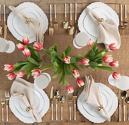 PLASTICPRO 32 Pack Elegant Disposable Plastic Plates Combo Set Includes 16 Dinner Plates and 16 Salad Heavy Duty Fancy Party Plates White Embossed Victorian Design - color: White Embossed