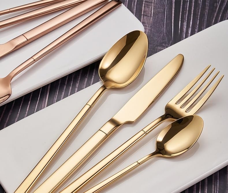Silverware Flatware Cutlery Set, 5/20/30/40/50/60pcs 304 Stainless Steel Cutlery Set Thick Steak Knife Dinner Knife Cutlery Knife Fork Spoon,Gold-20 Pieces for 4(Black/Gold-32 Pieces for 8) - color: Black/Gold, size: 32 Pieces for 8