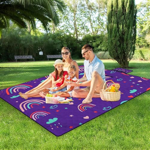 Large Picnic Blanket 79"X60" Outdoor Picnic Mat Foldable Waterproof Sand Beach Blanket Portable with Carry Strap Cozy Rug for Picnics Camping Park Lawn Hiking Concerts Tent Indoor Play Mat, Rainbow - color: Cute Rainbow