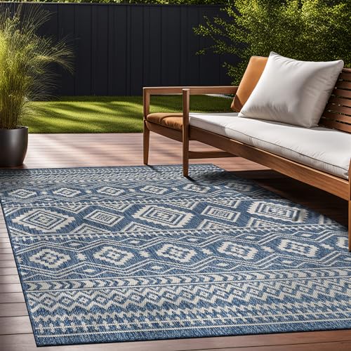 Beverly Rug Waikiki Boho Indoor Outdoor Rug 9x12, Washable Outside Carpet for Patio, Deck, Porch, Bohemian Area Rug, Farmhouse Rugs, Aztec Tribal Rug, Azure and White - color: Boho - Azure / White, size: 9' x 12' (Rectangular)