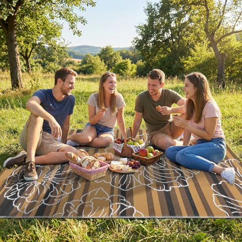 Garvee 5x8 Outdoor Waterproof Rug, Floral Outdoor Area Rug，Reversible Plastic Straw Patio Rug, Portable Camping Mat for RV, Picnic, Beach, Balcony, Garden & Camping Black&Brown - color: Blackbrown, size: 5' x 8' (Rectangular)