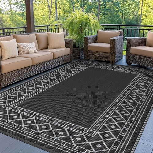 GENIMO Outdoor Rug 5'x8' Waterproof for Patio Decor, Reversible Outdoor Plastic Straw Rug Carpet, Camping Mats for Outdoor, RV, Backyard, Deck, Balcony, Picnic, Black & Grey - color: Black & Grey | Natural, size: 5' x 8' (Rectangular)