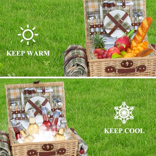 Picnic Basket for 2 with Blanket, Willow Picnic Basket Set with Shoulder Strap&Wine Pouch, Large Willow Hamper with Insulated Cooler for Outdoor, Camping, Beach, Couples, Wedding Gift - color: Green and Yellow Grid