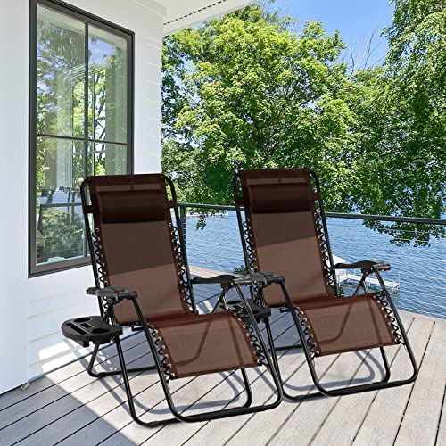 Giantex 2 PCS Zero Gravity Chair, Outdoor Chaise Lounge with Cup Holder, Patio Folding Chairs Recliner for Yard Pool Lawn Balcony - color: Brown, size: 1 Count (Pack of 2)
