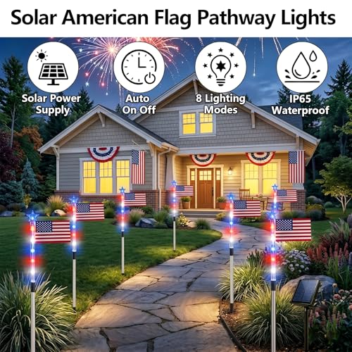 8 Pack Solar American Flag Pathway Lights - Patriotic Red White Blue Outdoor Stake Waterproof LED Lights with 8 Modes, Decorations 4th of July Memorial Day & Independence Day Yard Garden (Style A) - color: Style A